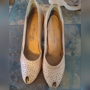 Rachel Comey Tan Leather Wooden Platform Peeptoe Heels